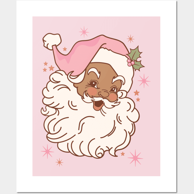 Retro Black Santa Claus Mid Century Modern Cute Pink Santa Wall Art by PUFFYP